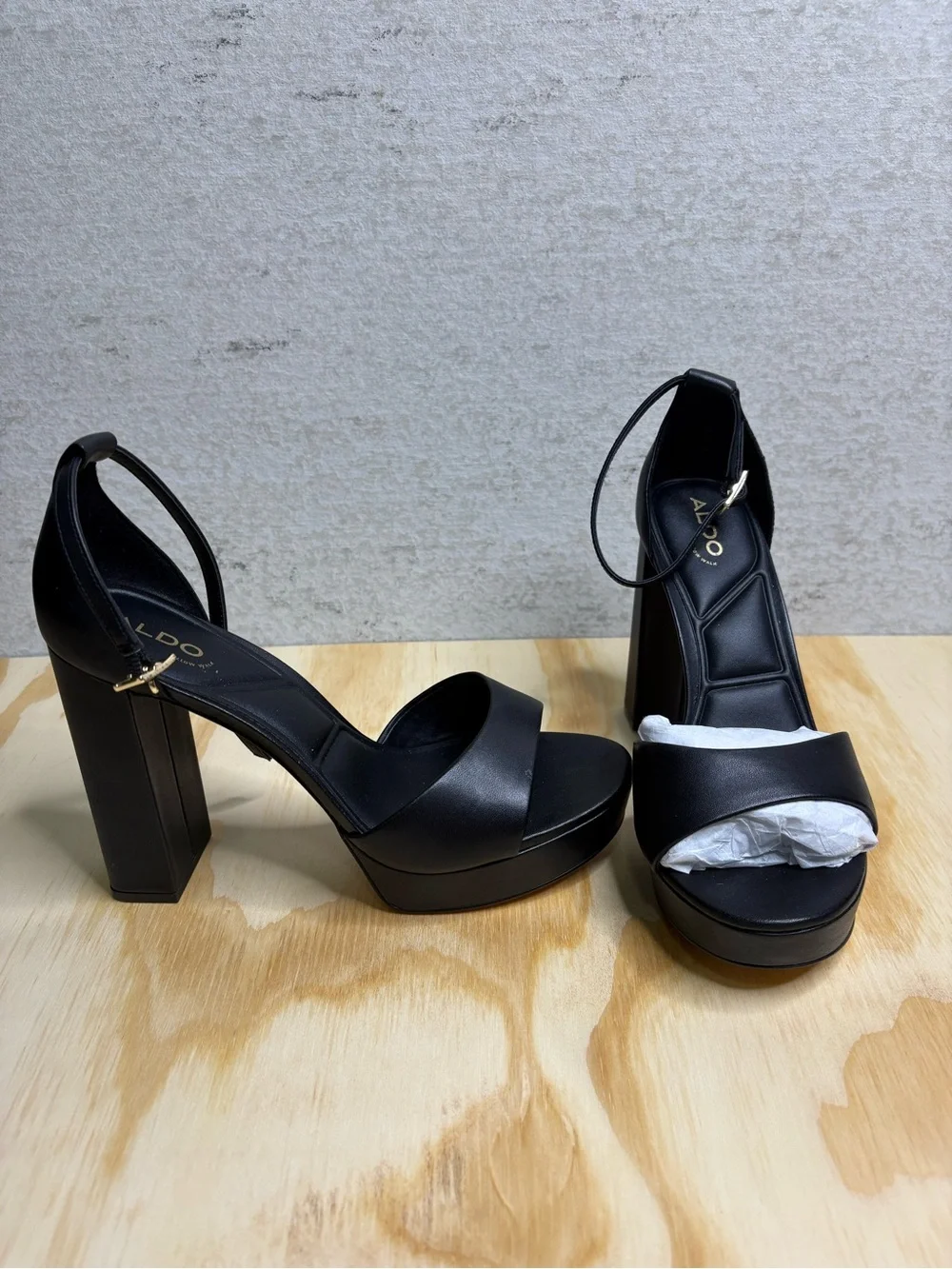 Aldo Black Leather Platform Ankle-Strap Heels Size 8.5